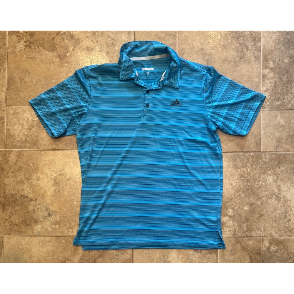 Adidas Golf Polo Shirt Mens Medium Blue Striped Short Sleeve Performance Top